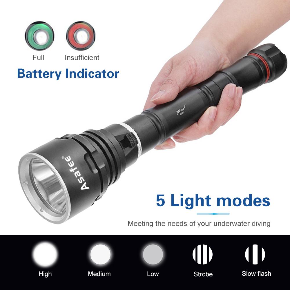 Asafee 3000LM DA33 ultra bright P70 LED diving flashlight scuba fishing underwater 80M using 18650/26650 batteries multi gear magnetic control thrust switch IPX8 waterproof