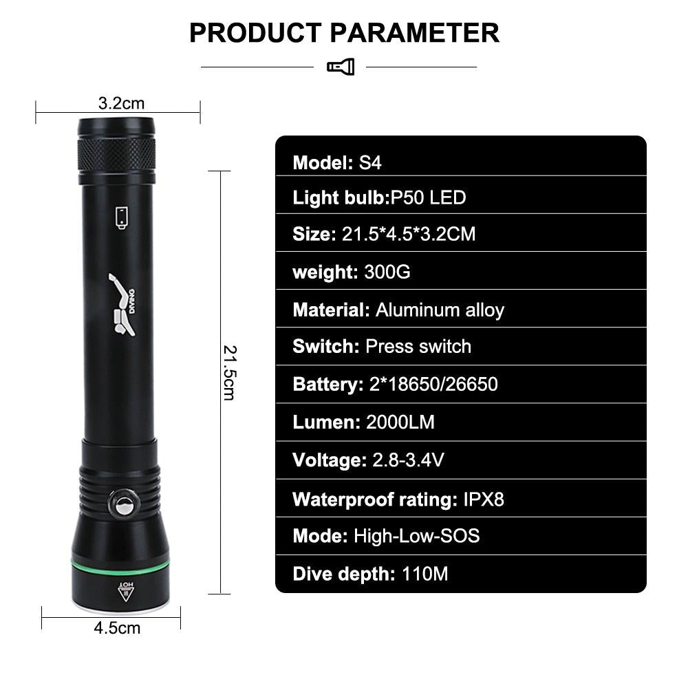 Asafee S4 2000LM ultra bright P50 LED diving flashlight original scuba 3 modes middle button switch using 18650/26650 battery 110M underwater safety lamp IPX8 waterproof