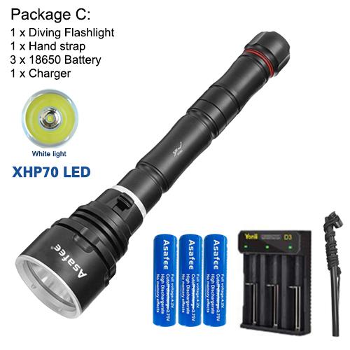 Asafee 3000LM DA33 ultra bright P70 LED diving flashlight scuba fishing underwater 80M using 18650/26650 batteries multi gear magnetic control thrust switch IPX8 waterproof
