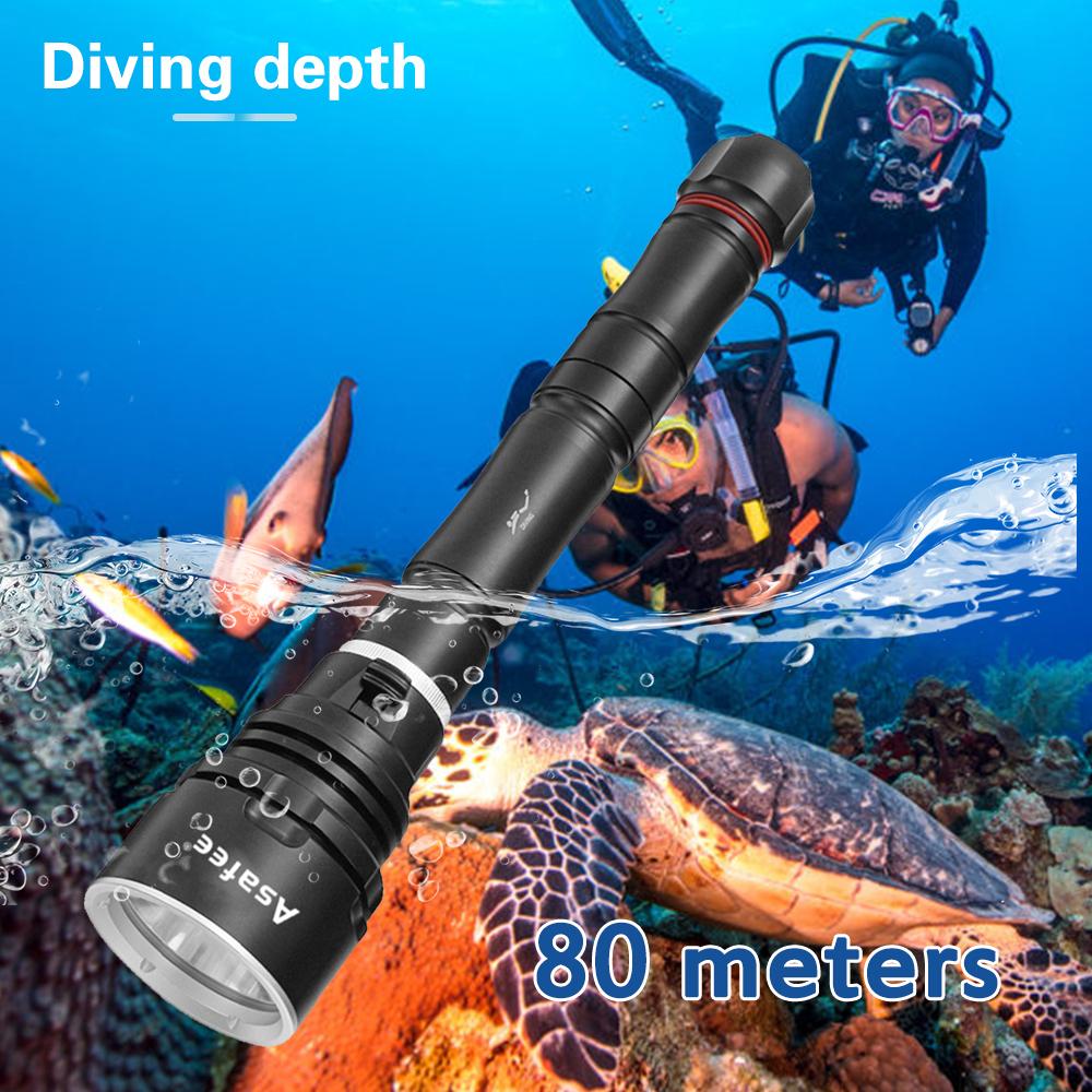 Asafee 3000LM DA33 ultra bright P70 LED diving flashlight scuba fishing underwater 80M using 18650/26650 batteries multi gear magnetic control thrust switch IPX8 waterproof
