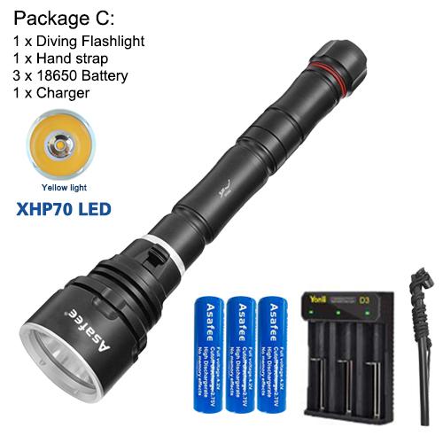Asafee 3000LM DA33 ultra bright P70 LED diving flashlight scuba fishing underwater 80M using 18650/26650 batteries multi gear magnetic control thrust switch IPX8 waterproof