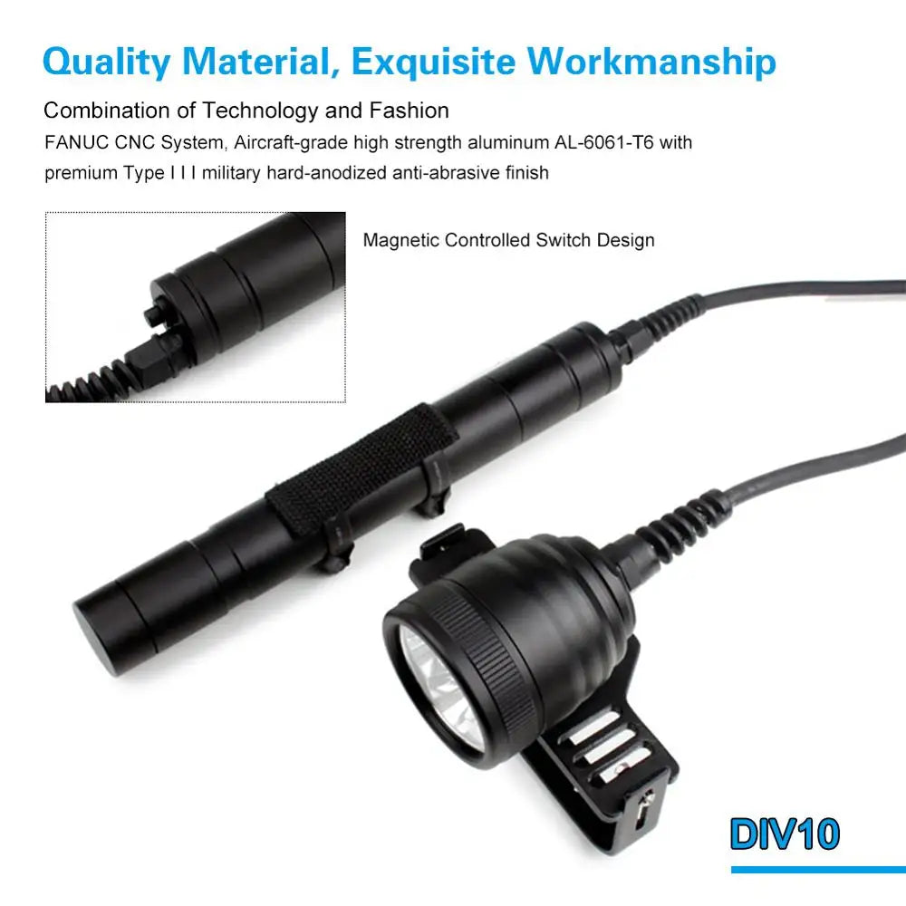 Asafee 150M Deep Diving Flashlight L2 LED 3000LM Press Switch IP68 Waterproof Scuba Torch 4 Modes Light Canister