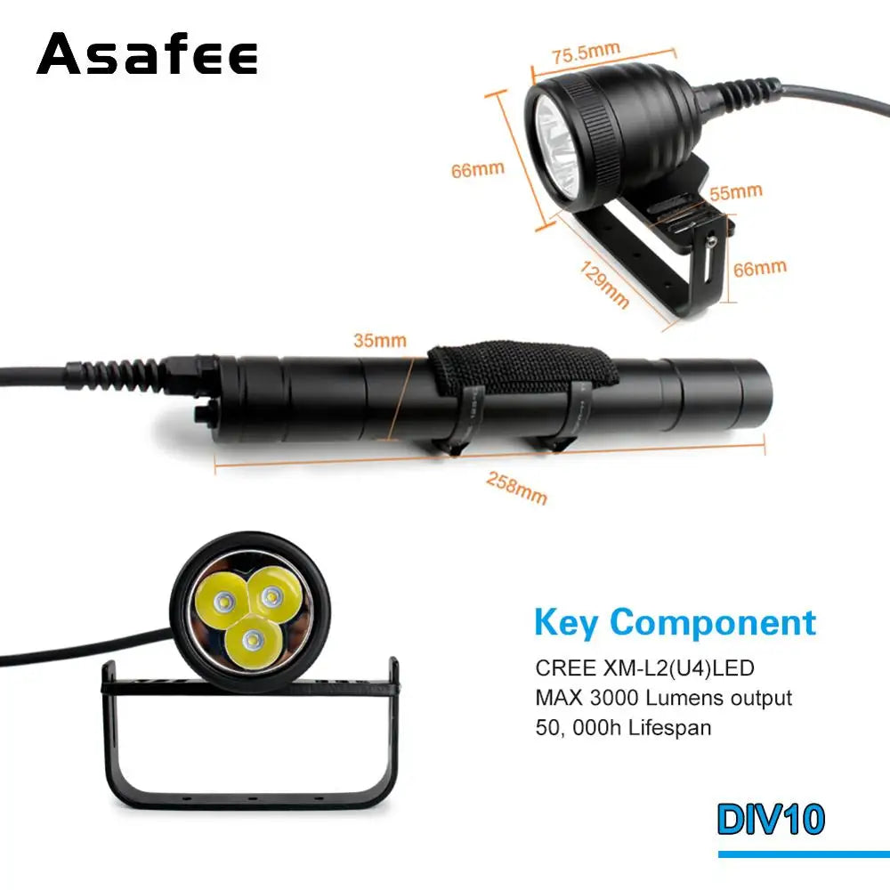 Asafee 150M Deep Diving Flashlight L2 LED 3000LM Press Switch IP68 Waterproof Scuba Torch 4 Modes Light Canister