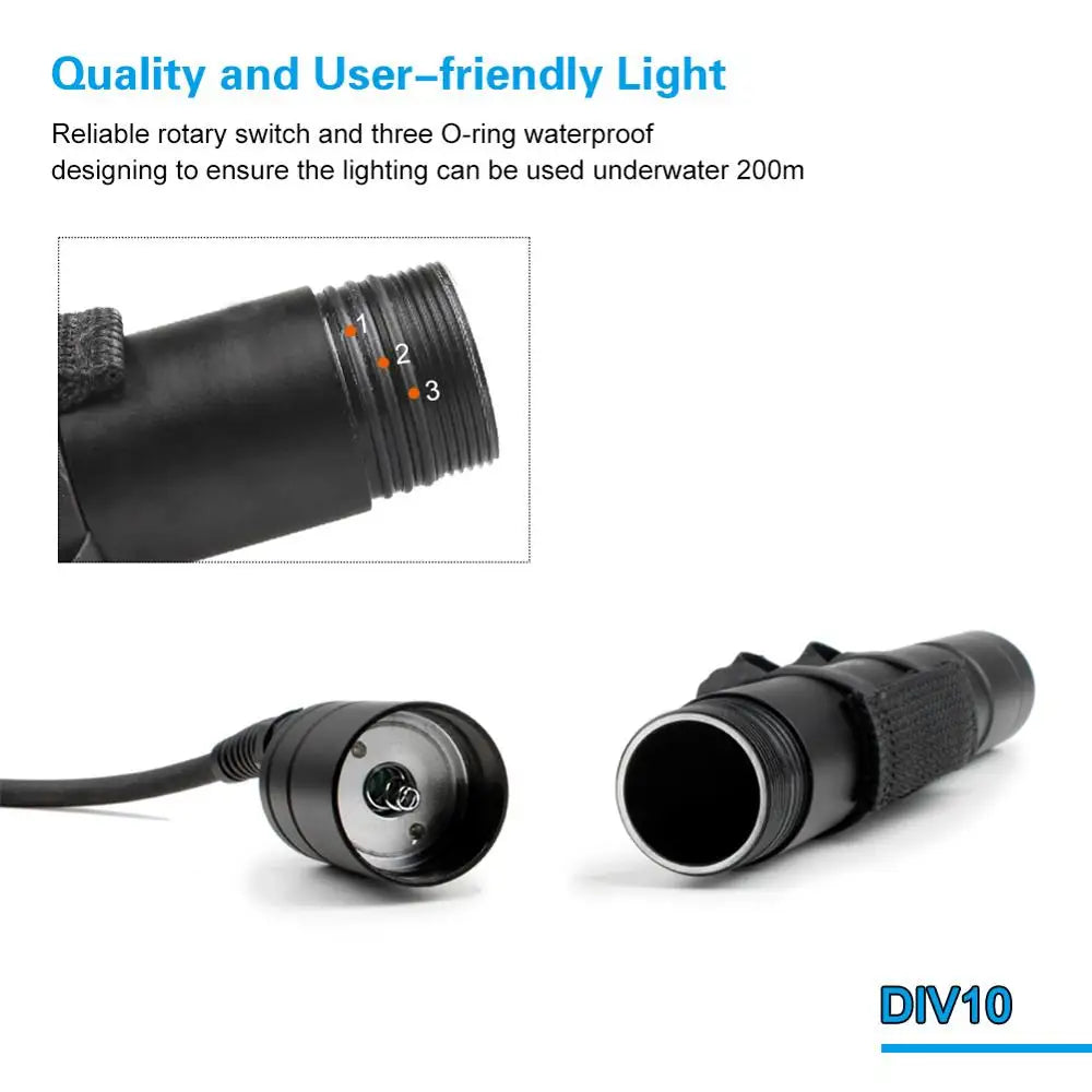 Asafee 150M Deep Diving Flashlight L2 LED 3000LM Press Switch IP68 Waterproof Scuba Torch 4 Modes Light Canister