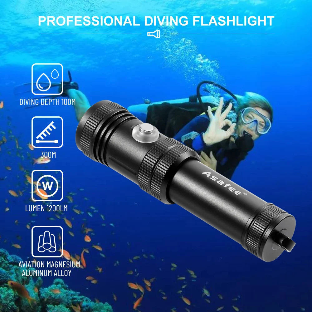 Asafee AF40 Professional Diving Flashlight SST40 LED 1200LM Ultra Dive Lamp 100M Depth Alloy Torch Recreational Cave Scuba Light