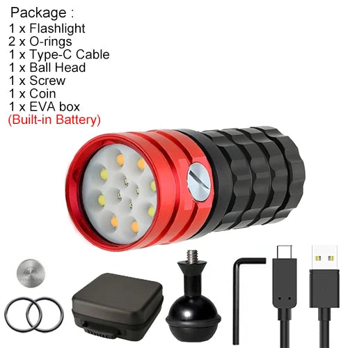 Asafee DR12 25000LM Professional LED Diving Flashlight Waterproof Red Blue White Warm Underwater Photography Video Torch Light
