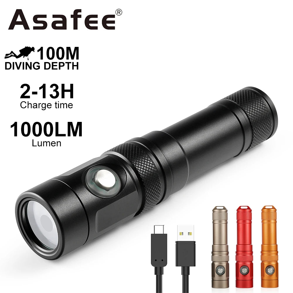 Asafee 100M Diving Flashlight SST20 LED 1000LM 100M Underwater IPX8 Waterproof Lamp Bulit-in Battery Rechargeable Torch