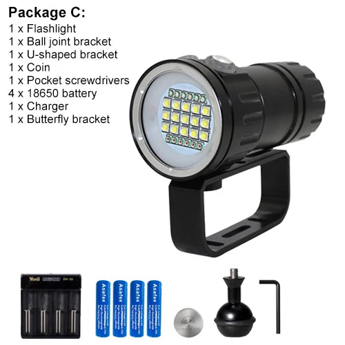 Asafee C15 Professional Diving Photograph Flashlight 8000LM Ultra Dive Torch 100M Dept IPX8 Waterproof Red/Blue/White Torch