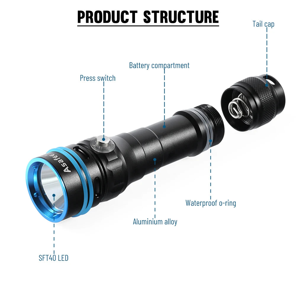 Asafee DT100 SFT40 LED Scuba Torch 2000LM Ultra Light IPX8 Waterproof 50M Underwater Dive Spearfishing Lamp Diving Flashlight