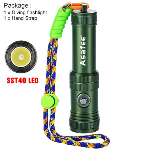 Asafee AF40 Professional Diving Flashlight SST40 LED 1200LM Ultra Dive Lamp 100M Depth Alloy Torch Recreational Cave Scuba Light