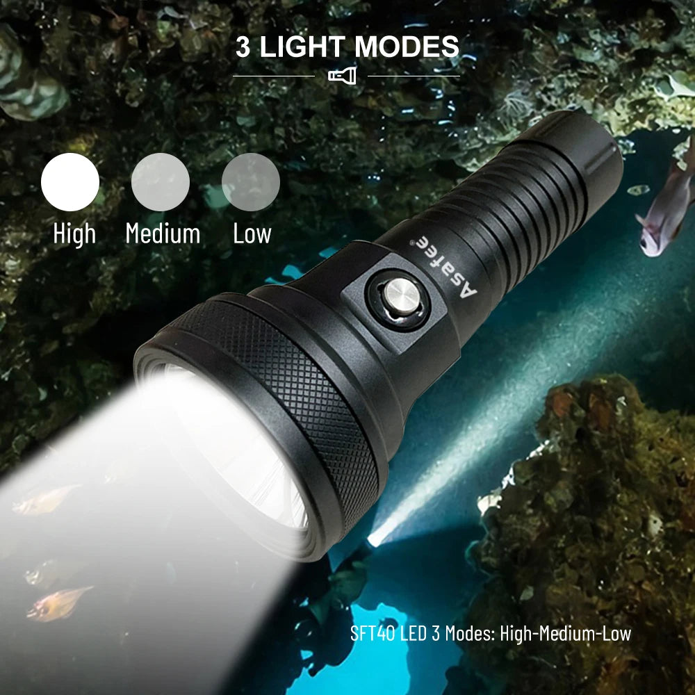 Asafee DT01 SFT40 LED High Brightness Scuba Light 80° Angle Depth 150M Dive Lamp Rechargeable IPX8 Waterproof Diving Flashlight