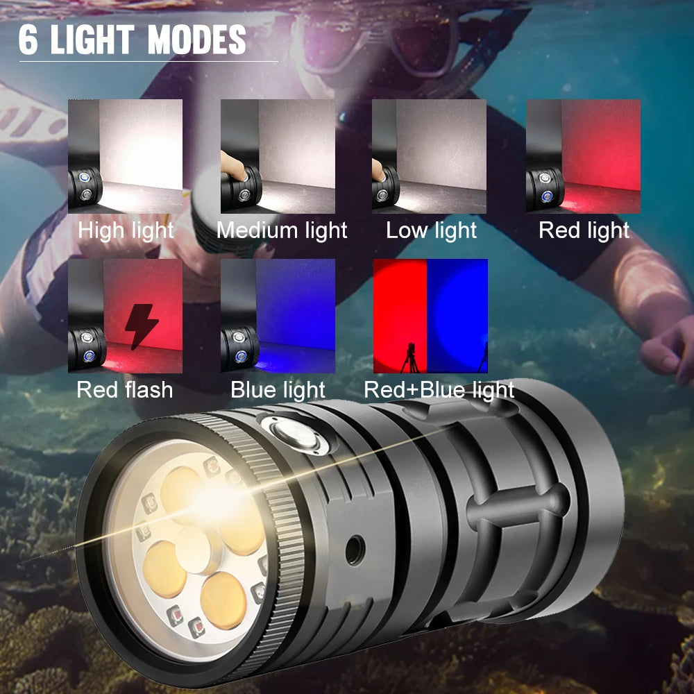 Asafee D16 100M Deep Diving Underwater Flashlight 120 Degree Luminous Fill Light Rechargeable Waterproof Lamp Dual Switch 3 Mode