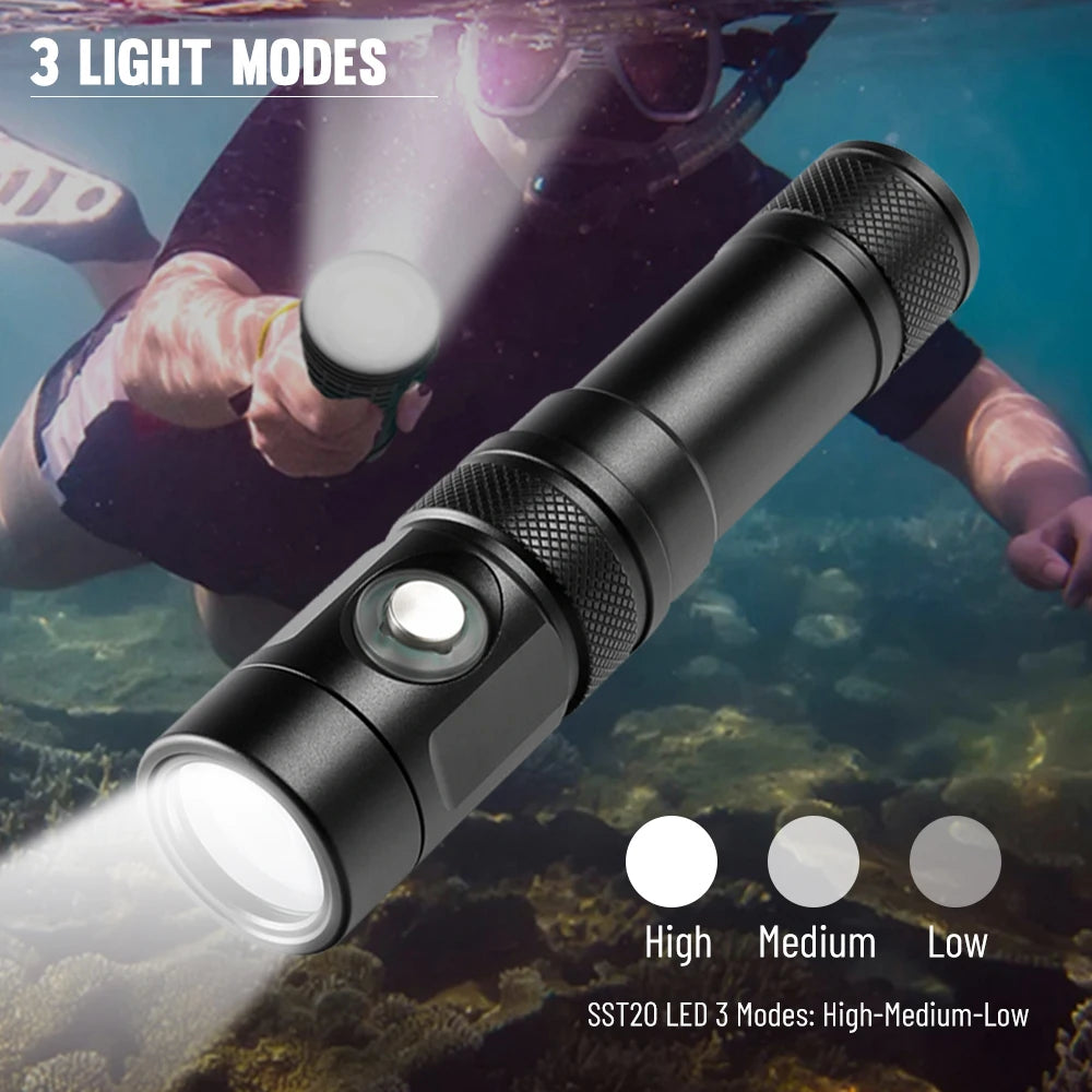 Asafee 100M Diving Flashlight SST20 LED 1000LM 100M Underwater IPX8 Waterproof Lamp Bulit-in Battery Rechargeable Torch