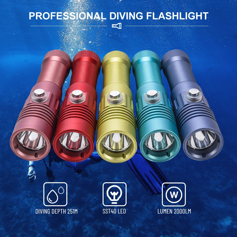 Asafee DT40 Professional Diving Flashlight Portable SST40 LED 2000LM Scuba Lamp Underwater 251m Torch IPX8 Waterproof Dive Light