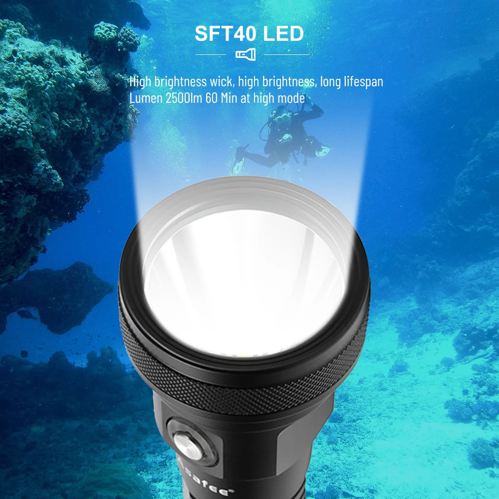 Asafee DT01 SFT40 LED High Brightness Scuba Light 80° Angle Depth 150M Dive Lamp Rechargeable IPX8 Waterproof Diving Flashlight