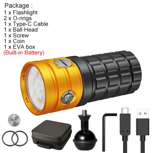 Asafee DR12 25000LM Professional LED Diving Flashlight Waterproof Red Blue White Warm Underwater Photography Video Torch Light