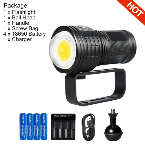 Asafee 80M Deep Diving Flashlight IPX8 Waterproof 80°c Degree Photography COB 6000LM Torch Range 300-500M Double Switch
