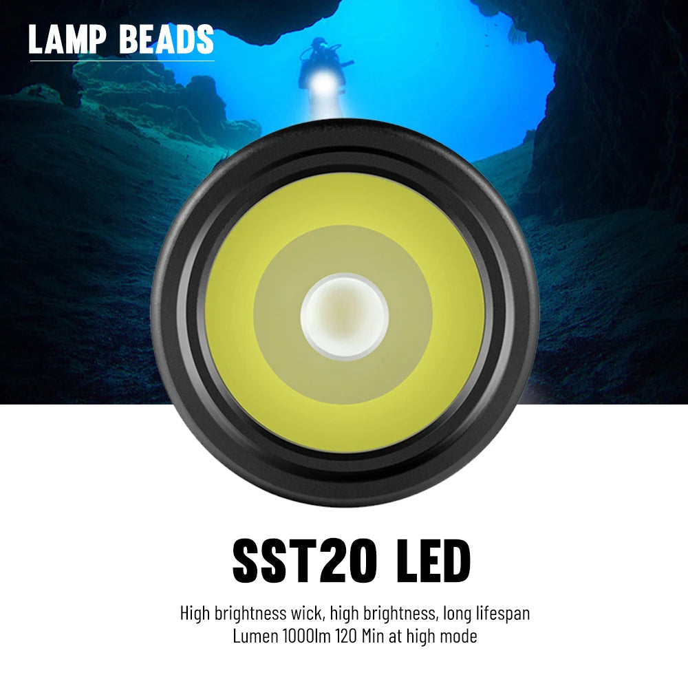 Asafee DT15 Handheld Diving Flashlight Troch SST20 LED 1000Lumen Rechargeable 21700 Scuba Diver Lantern 150mUnderwater Dive Lamp