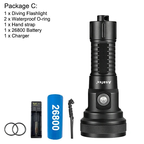 Asafee DT01 SFT40 LED High Brightness Scuba Light 80° Angle Depth 150M Dive Lamp Rechargeable IPX8 Waterproof Diving Flashlight