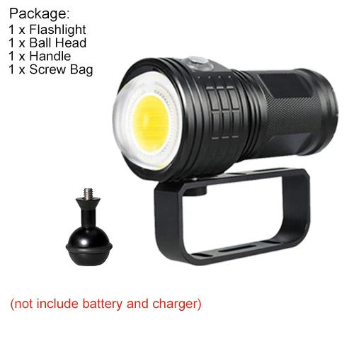 Asafee 80M Deep Diving Flashlight IPX8 Waterproof 80°c Degree Photography COB 6000LM Torch Range 300-500M Double Switch