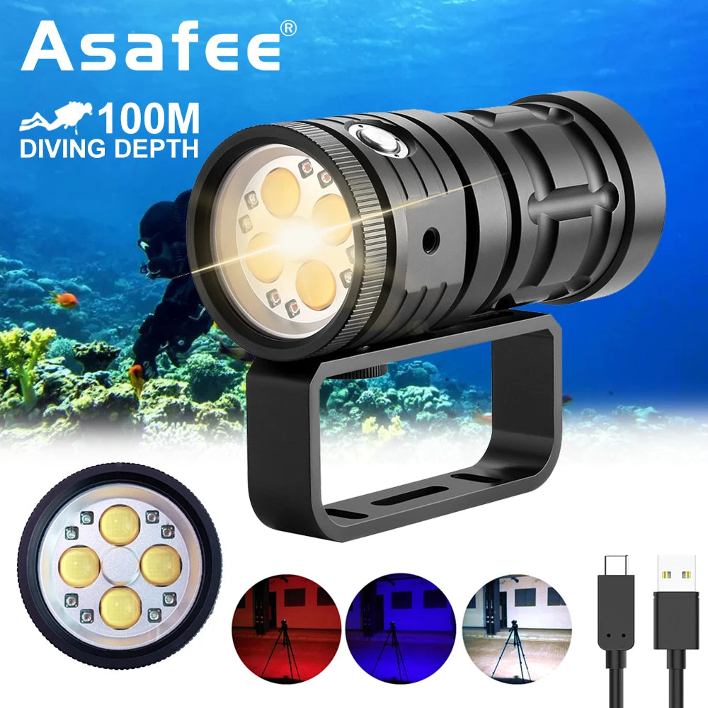 Asafee D16 100M Deep Diving Underwater Flashlight 120 Degree Luminous Fill Light Rechargeable Waterproof Lamp Dual Switch 3 Mode