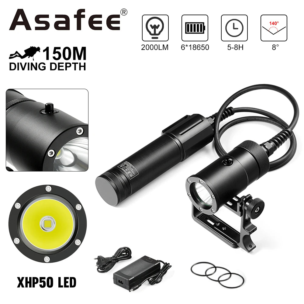 Asafee DT05 150M Underwater P50 LED 2000LM Diving Flashlight IPX8 Waterproof Scuba Torch Magnetic Press Switch Lantern 8° Angle