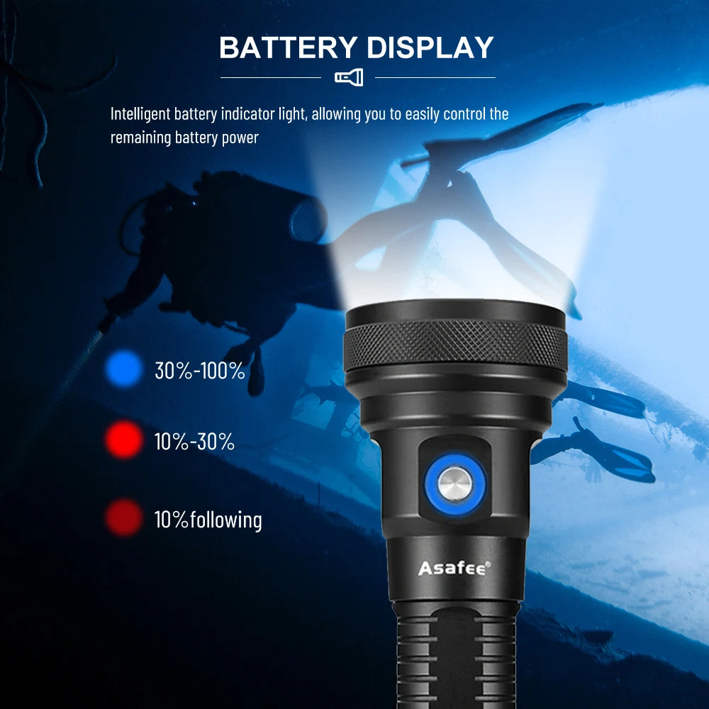 Asafee DT01 SFT40 LED High Brightness Scuba Light 80° Angle Depth 150M Dive Lamp Rechargeable IPX8 Waterproof Diving Flashlight
