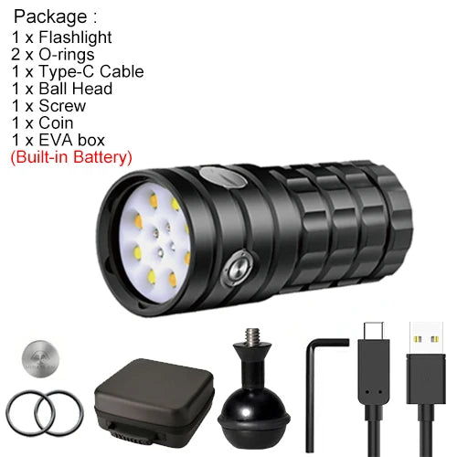 Asafee DR12 25000LM Professional LED Diving Flashlight Waterproof Red Blue White Warm Underwater Photography Video Torch Light