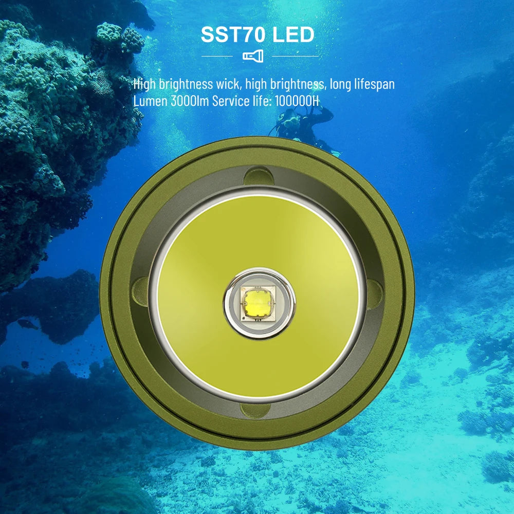 Asafee DT70 Professional Scuba Diving FlashLight SST70 LED 3000LM 251Meter Depth Waterproof Super bright Lamp Rechargeable Torch