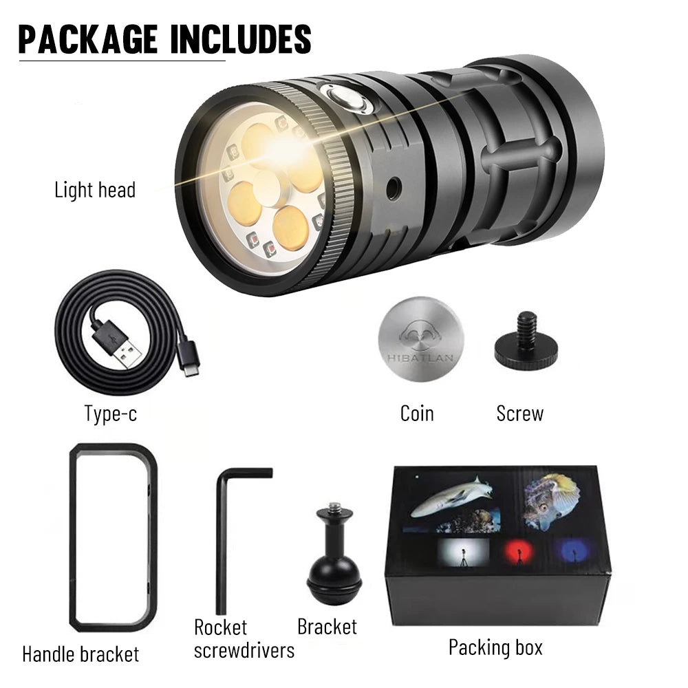 Asafee D16 100M Deep Diving Underwater Flashlight 120 Degree Luminous Fill Light Rechargeable Waterproof Lamp Dual Switch 3 Mode