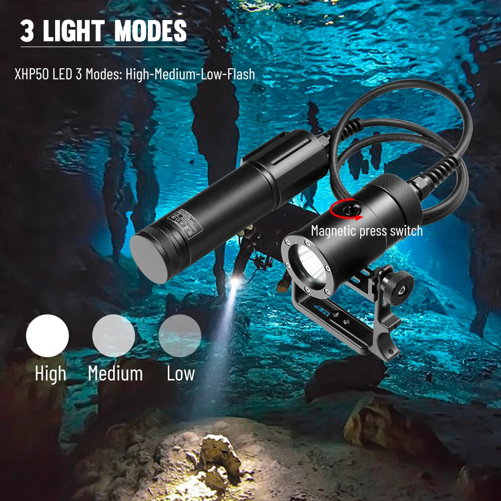 Asafee DT05 150M Underwater P50 LED 2000LM Diving Flashlight IPX8 Waterproof Scuba Torch Magnetic Press Switch Lantern 8° Angle
