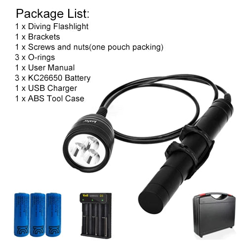 Asafee 150M Deep Diving Flashlight L2 LED 3000LM Press Switch IP68 Waterproof Scuba Torch 4 Modes Light Canister