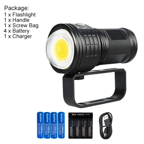 Asafee 80M Deep Diving Flashlight IPX8 Waterproof 80°c Degree Photography COB 6000LM Torch Range 300-500M Double Switch