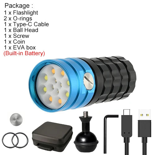 Asafee DR12 25000LM Professional LED Diving Flashlight Waterproof Red Blue White Warm Underwater Photography Video Torch Light
