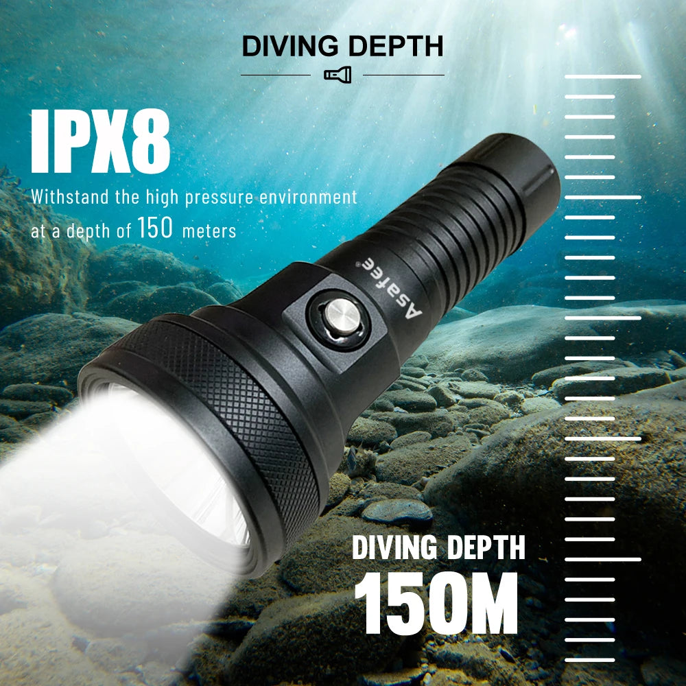 Asafee DT01 SFT40 LED High Brightness Scuba Light 80° Angle Depth 150M Dive Lamp Rechargeable IPX8 Waterproof Diving Flashlight