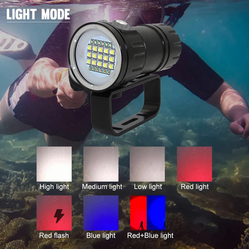 Asafee C15 Professional Diving Photograph Flashlight 8000LM Ultra Dive Torch 100M Dept IPX8 Waterproof Red/Blue/White Torch