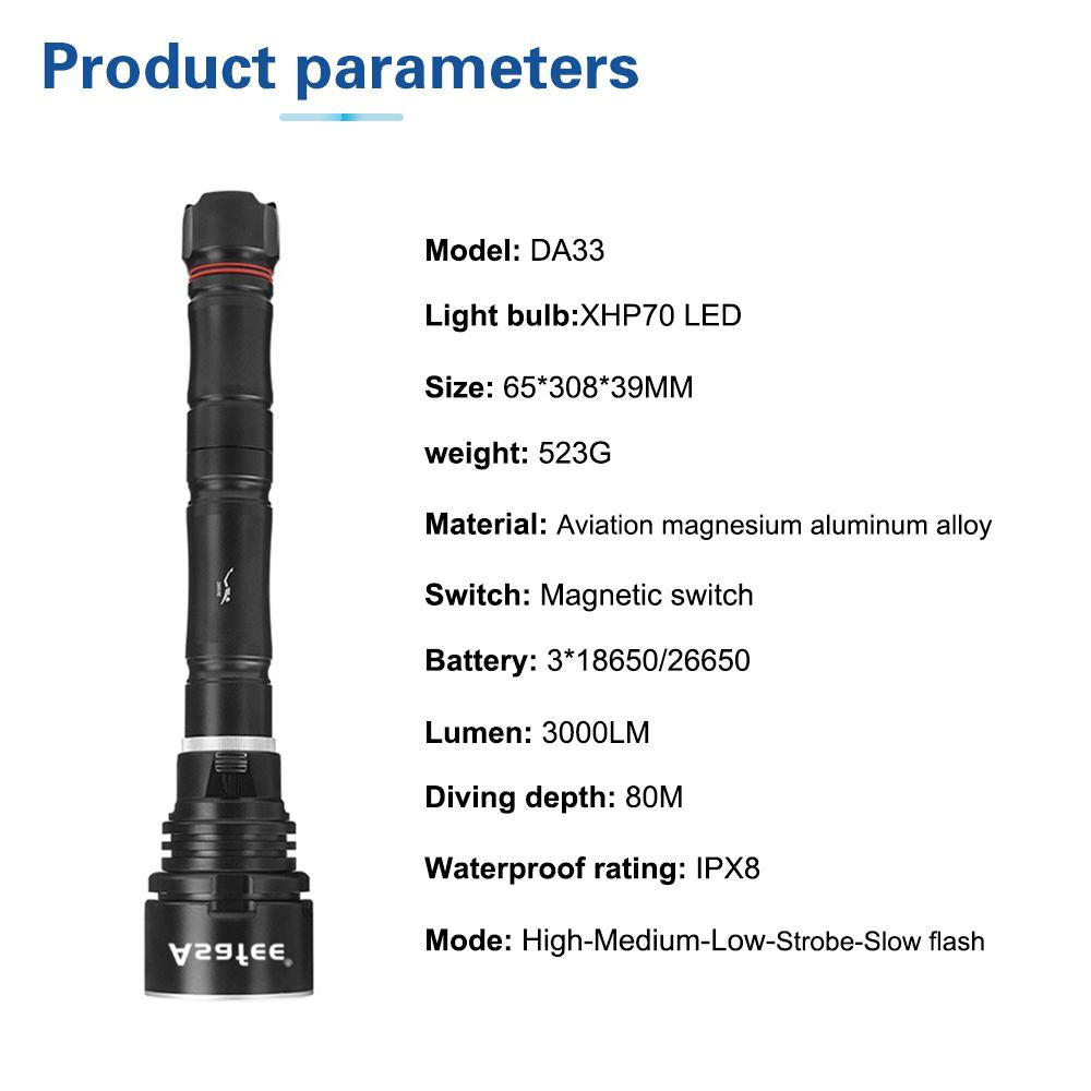 Asafee 3000LM DA33 ultra bright P70 LED diving flashlight scuba fishing underwater 80M using 18650/26650 batteries multi gear magnetic control thrust switch IPX8 waterproof