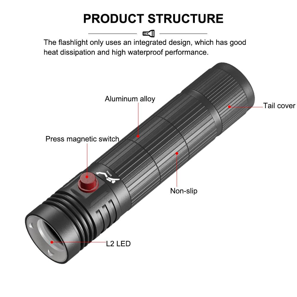 Portable Super Bright Diving Scuba Flashlight D901 L2 LED Underwater 50M Flashlight Torch 4-speed Push on Magnetic Switch Using 18650 Battery IPX8 Waterproof Fishing