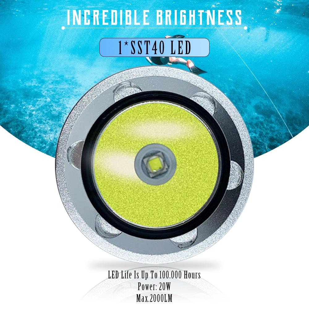 Asafee 2000LM DA11 SST40 LED ultra bright Powerful light Dive flashlight Scuba 5 gear switch using 21700 rechargeable battery IPX8 Waterproof