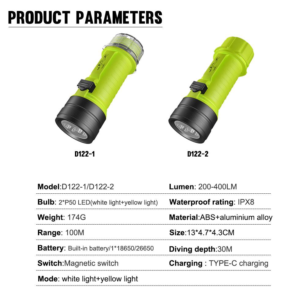 Asafee Super Bright D122-1 Diving Flashlight 2 * P50 LED Underwater scuba Pushing Magnetic Switch 18650/26650 battery Rechargeable IPX8 Waterproof Amphibious Flashlight
