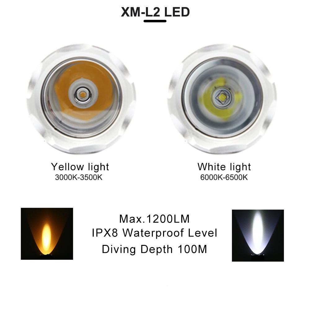 Asafee 1200lm Diving Flashlight L2 Led White/Yellow Light Underwater 100m Depth Torch Scuba Dive Lamp Fishing Camping Cycling Water-Resistant