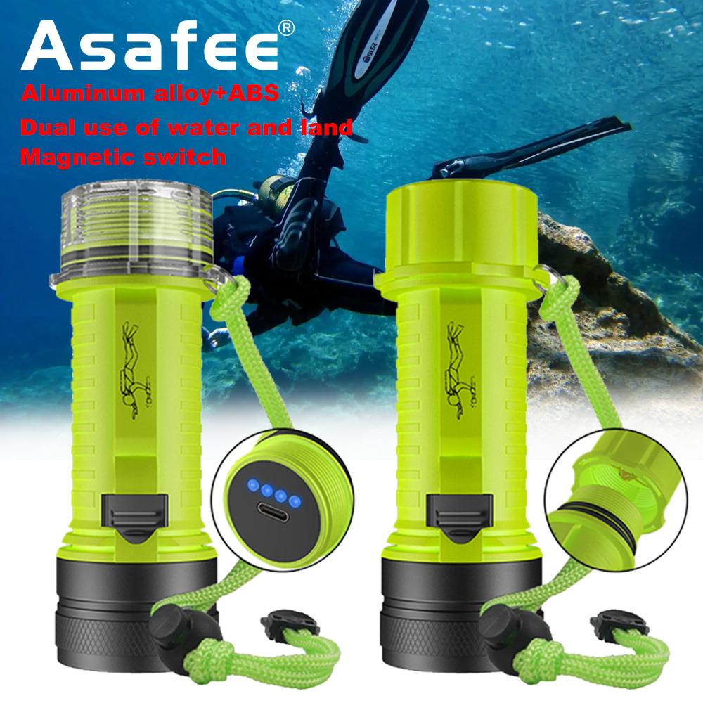 Asafee Super Bright D122-1 Diving Flashlight 2 * P50 LED Underwater scuba Pushing Magnetic Switch 18650/26650 battery Rechargeable IPX8 Waterproof Amphibious Flashlight