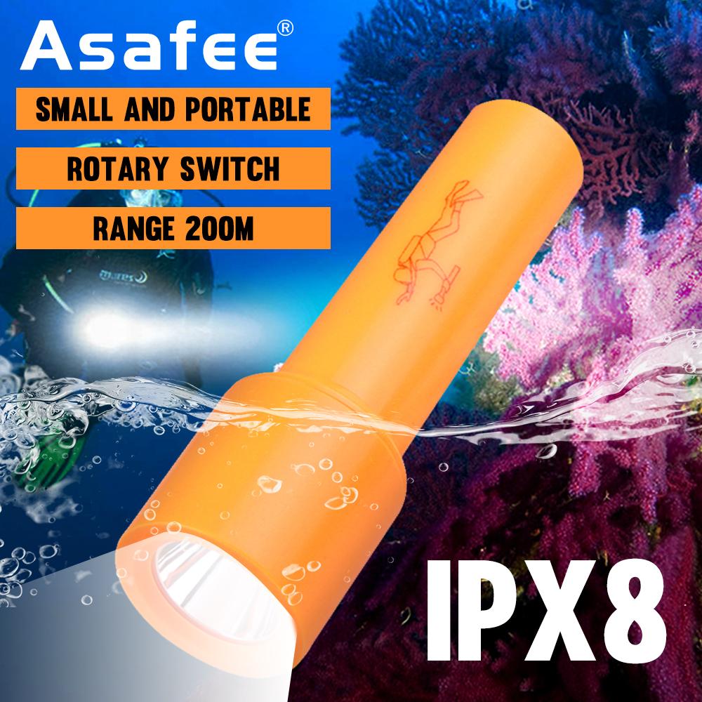 Asafee D115 Mini Porable Powerful T6 LED Diving Flashlight 800LM IPX8 Waterproof Light Underwater 10m Scuba Diver Flash Light Torch Camping Outdoor Work Light