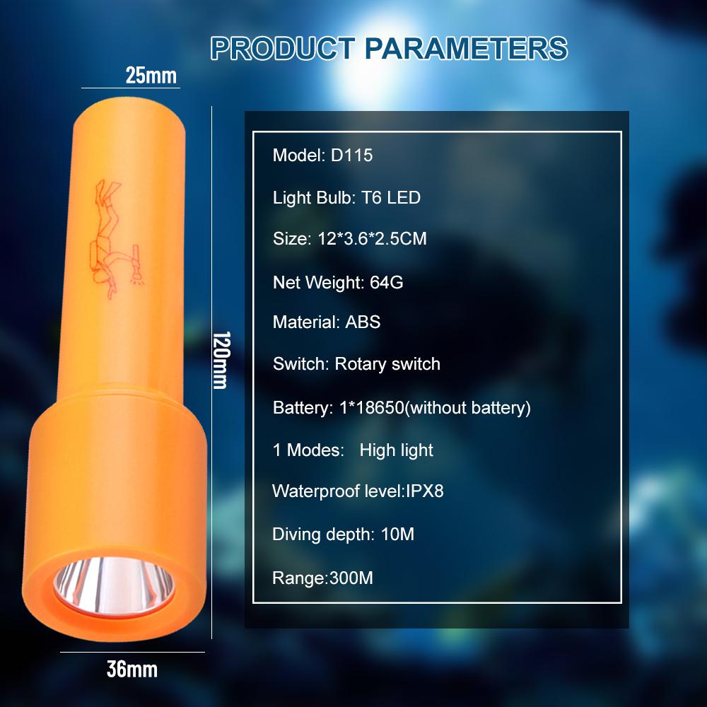 Asafee D115 Mini Porable Powerful T6 LED Diving Flashlight 800LM IPX8 Waterproof Light Underwater 10m Scuba Diver Flash Light Torch Camping Outdoor Work Light