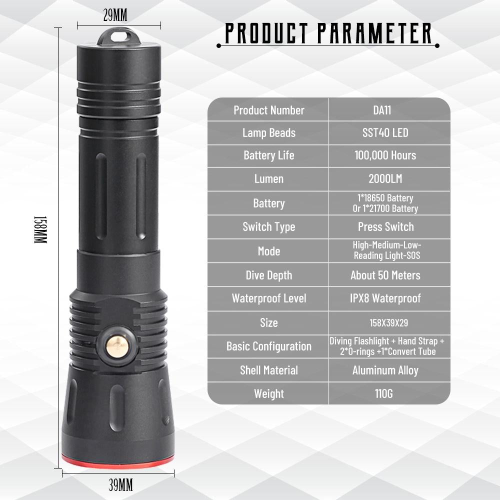 Asafee 2000LM DA11 SST40 LED ultra bright Powerful light Dive flashlight Scuba 5 gear switch using 21700 rechargeable battery IPX8 Waterproof