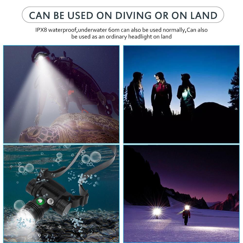 Asafee Diving Headlamp 100 Meters Underwater Headlight White Light 1000Lm Xml L2 Led Scuba Flashlight Torch Waterproof Ipx8 18650 Lamp