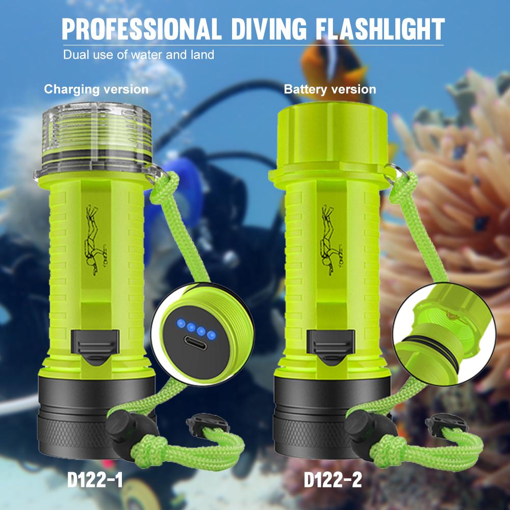 Asafee Super Bright D122-1 Diving Flashlight 2 * P50 LED Underwater scuba Pushing Magnetic Switch 18650/26650 battery Rechargeable IPX8 Waterproof Amphibious Flashlight