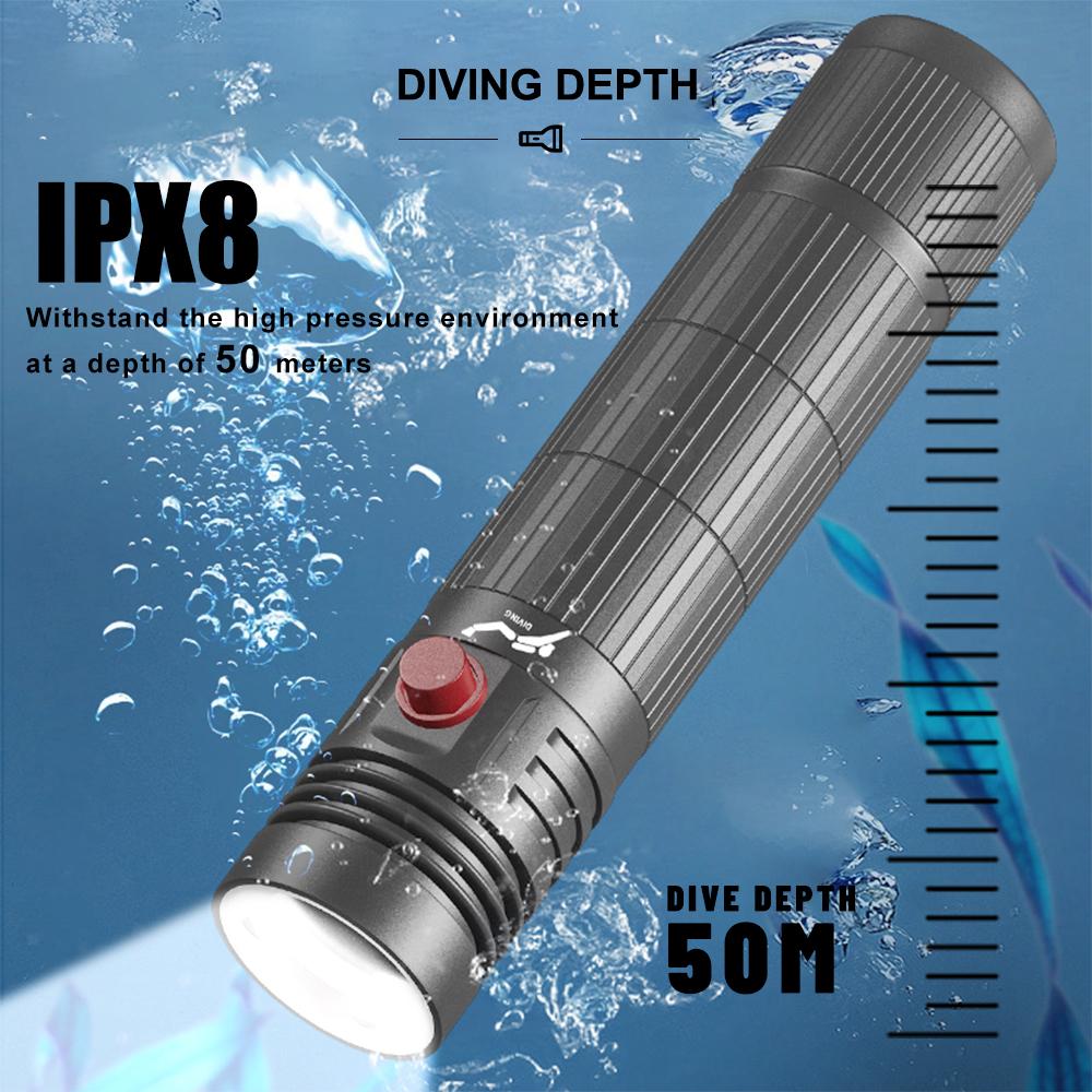 Portable Super Bright Diving Scuba Flashlight D901 L2 LED Underwater 50M Flashlight Torch 4-speed Push on Magnetic Switch Using 18650 Battery IPX8 Waterproof Fishing