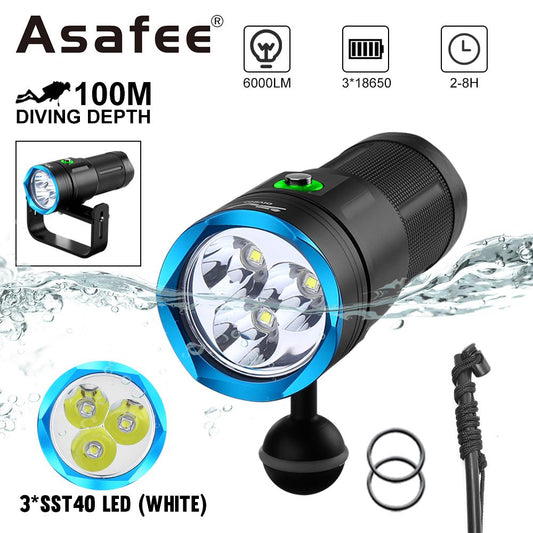 Asafee Super bright DA56 Diving photography flashlight SST40 LED diving scuba assist Lantern 6000LM use18650 battery 5 light modes underwater100M lPX8 waterproof Adventure fishing
