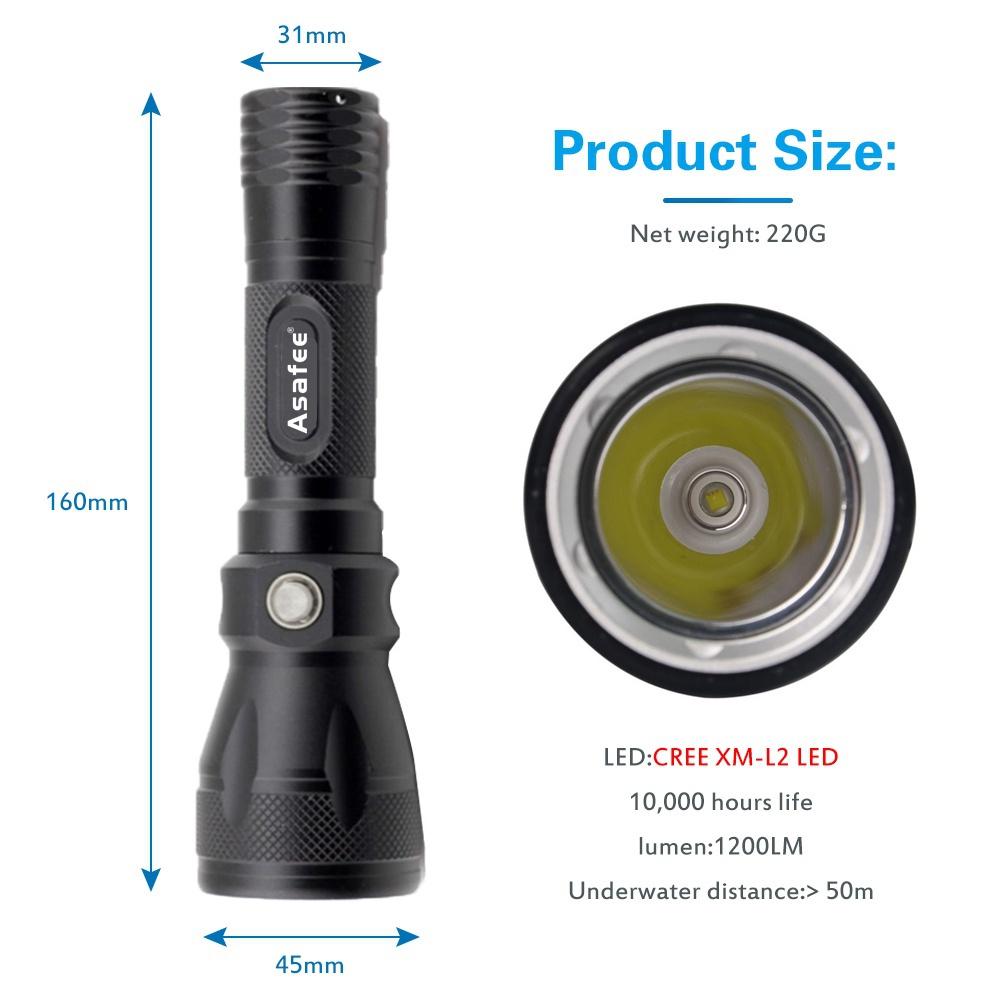 Asafee 1200Lm Fl012D Scuba Diving Light 50M Visibility L2 Led Waterproof 80M Underwater Flashlight Camping Lantern Torch CL7Q
